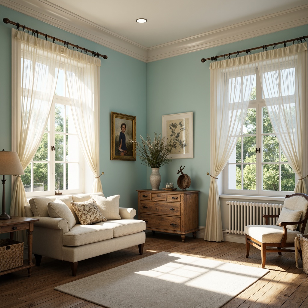 Prompt: Soft baby blue walls, creamy white trim, delicate lace curtains, distressed wood furniture, vintage metal decorations, rustic wooden floors, warm beige accents, natural light pouring through large windows, airy atmosphere, gentle color contrast, 3/4 composition, shallow depth of field, soft focus, warm lighting, inviting ambiance.