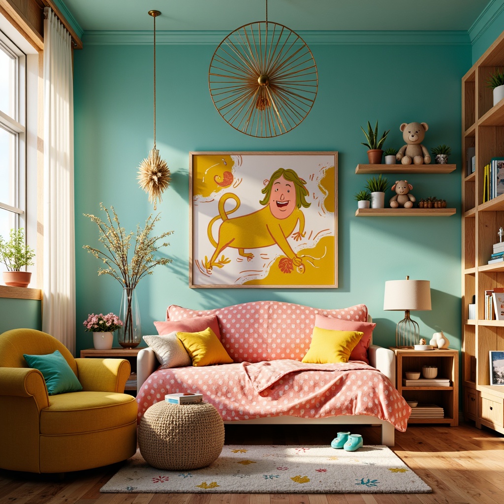 Prompt: Vibrant kids' room, expressionist art style, whimsical furniture, bold bright colors, turquoise walls, sunshine yellow accents, hot pink throw pillows, soft peach bedding, creamy white curtains, playful polka dots, swirling abstract patterns, textured fabrics, eclectic decorative objects, oversized stuffed animals, cozy reading nook, natural wood floors, rustic wooden shelves, warm golden lighting, shallow depth of field, 1/1 composition, realistic textures, ambient occlusion.