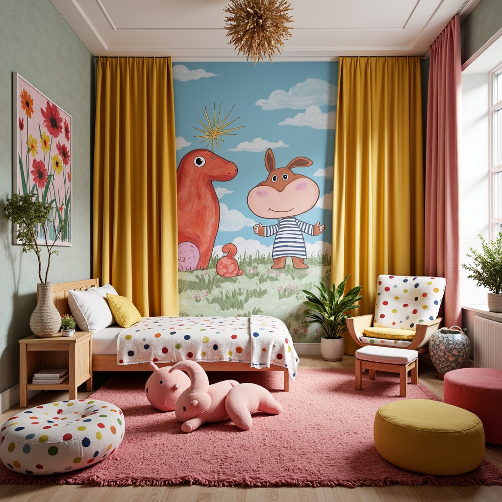 Prompt: Vibrant kids' room, whimsical expressionism style, playful polka dot fabrics, bright colorful textiles, soft plush toys, cozy reading nook, oversized stuffed animals, fantasy-inspired wall art, bold brushstroke paintings, eclectic mix of patterns, striped curtains, ruffled bed skirts, fluffy area rugs, modern minimalistic furniture, pastel-hued walls, warm golden lighting, shallow depth of field, 1/1 composition, intimate atmosphere, realistic textures.