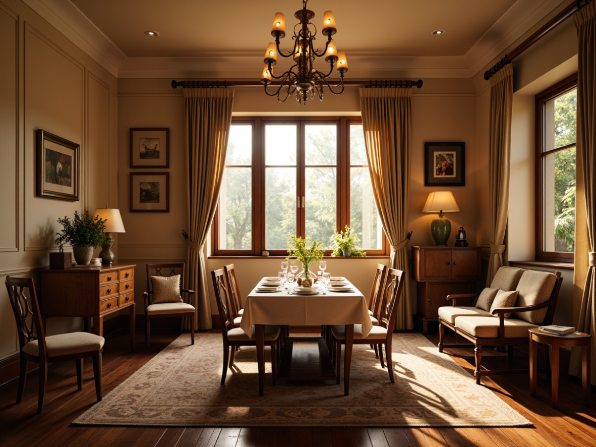 Prompt: Cozy traditional dining room, warm beige walls, ornate wooden furniture, elegant chandeliers, soft golden lighting, candelabras, table lamps, floor-to-ceiling windows, flowing curtains, rich wood tones, classic upholstery, sophisticated ambiance, morning sunlight, subtle shadows, 1/2 composition, warm color palette, realistic textures, ambient occlusion.