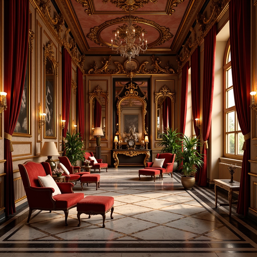 Prompt: Opulent baroque interior, rich velvet fabrics, warm golden hues, ornate mirrors, gilded frames, luxurious marble floors, intricate carvings, lavish furnishings, bold red accents, soft cream tones, subtle sheen, dramatic lighting, high contrast, intense shadows, 3/4 composition, symmetrical arrangement, ornate details, realistic textures.