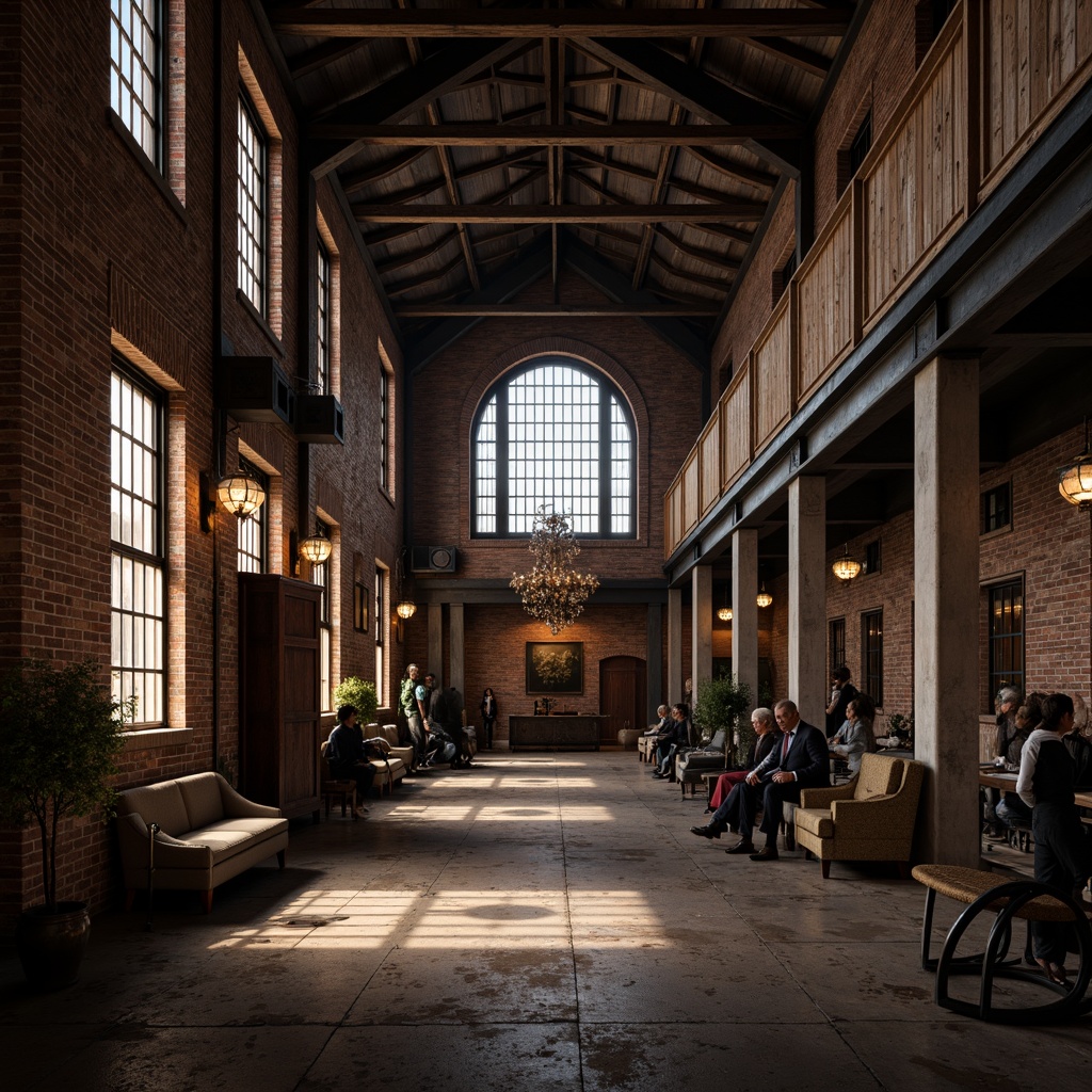 Prompt: Rustic warehouse interior, exposed brick walls, wooden beams, metal accents, industrial chic, dim warm lighting, atmospheric shadows, old-fashioned lanterns, reclaimed wood floors, distressed textures, vintage machinery, urban loft atmosphere, high ceilings, open spaces, minimalist decor, moody color palette, dramatic archways, ornate Gothic details, stone columns, stained glass windows, grand chandeliers, luxurious velvet fabrics.