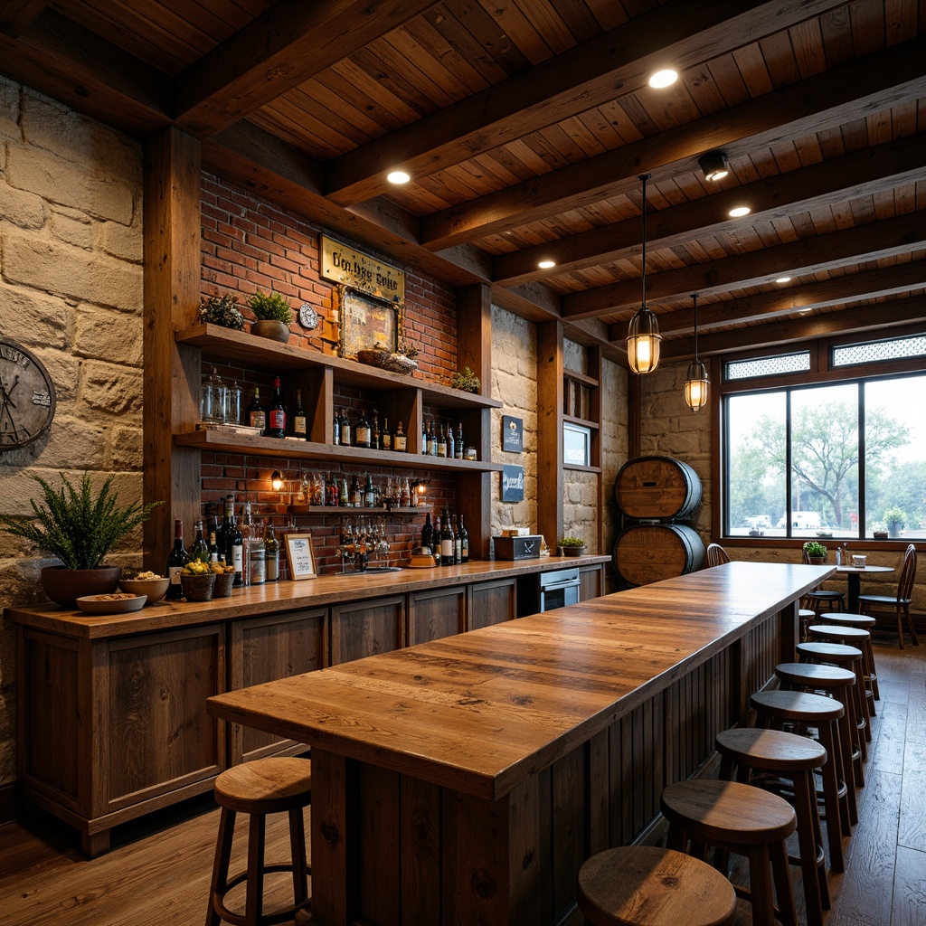 Prompt: Rustic home bar, reclaimed wood countertops, weathered wooden planks, earthy tones, natural stone walls, wooden barrels, vintage metal signs, pendant lighting, wooden stools, brick backsplash, rustic metal accents, warm ambient lighting, shallow depth of field, 3/4 composition, panoramic view, realistic textures, ambient occlusion.