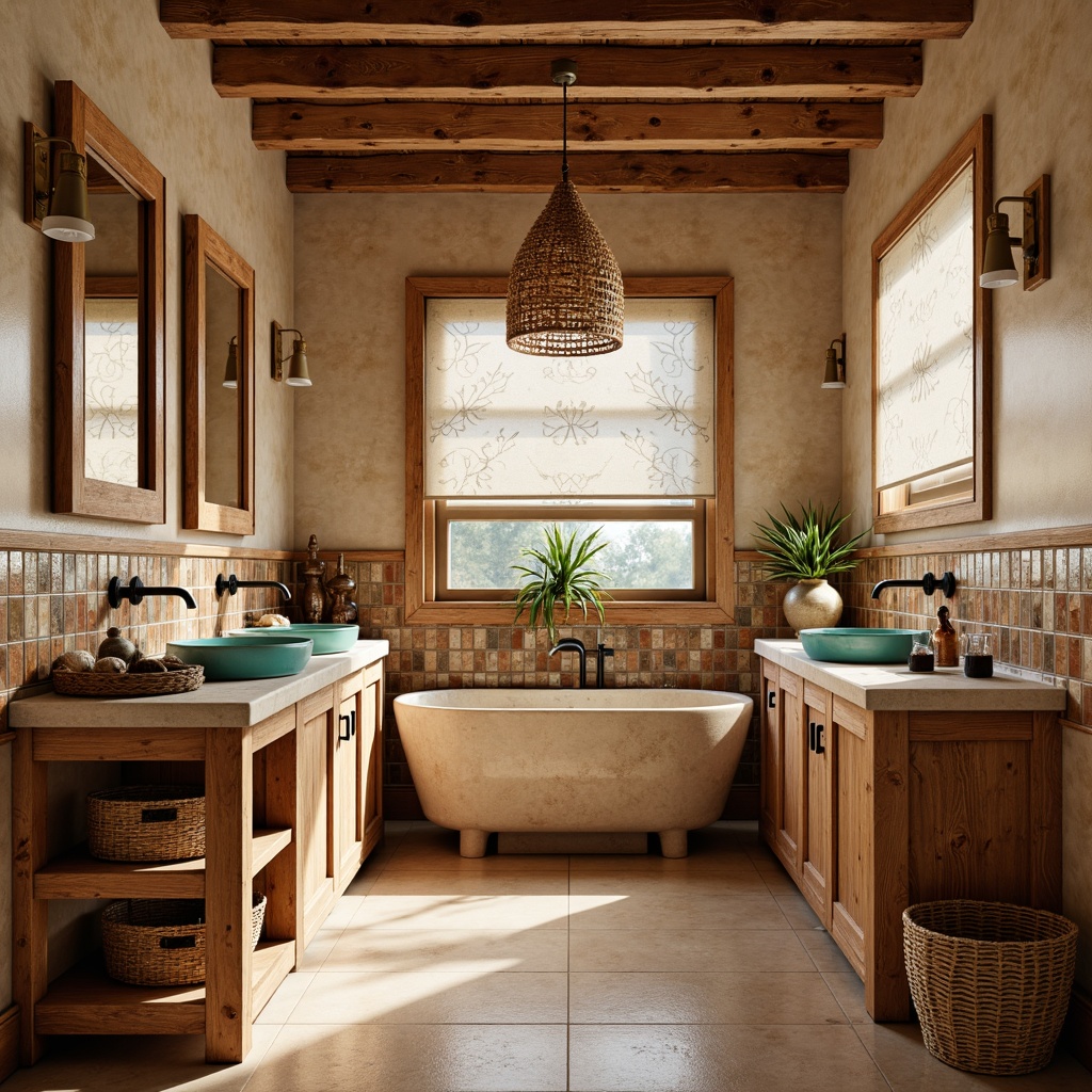 Prompt: Warm Southwestern bathroom, earthy tone cabinetry, rustic wooden textures, Talavera tile backsplashes, distressed wood finishes, woven basket-inspired storage, desert-inspired color palette, sandy beige countertops, turquoise glass accents, natural stone sinks, woven rattan mirrors, pendant lighting fixtures, linen-white window treatments, botanical patterned wallpaper, soft warm lighting, shallow depth of field, 1/1 composition, realistic textures, ambient occlusion.