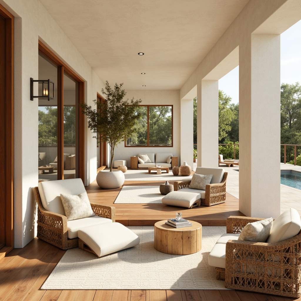 Prompt: Warm Mediterranean interior, bright natural lighting, large windows, sliding glass doors, outdoor connections, airy open spaces, minimalist decor, creamy white walls, wooden flooring, rustic accents, woven textiles, earthy color palette, soft warm ambiance, gentle shadows, 1/1 composition, realistic render, ambient occlusion.