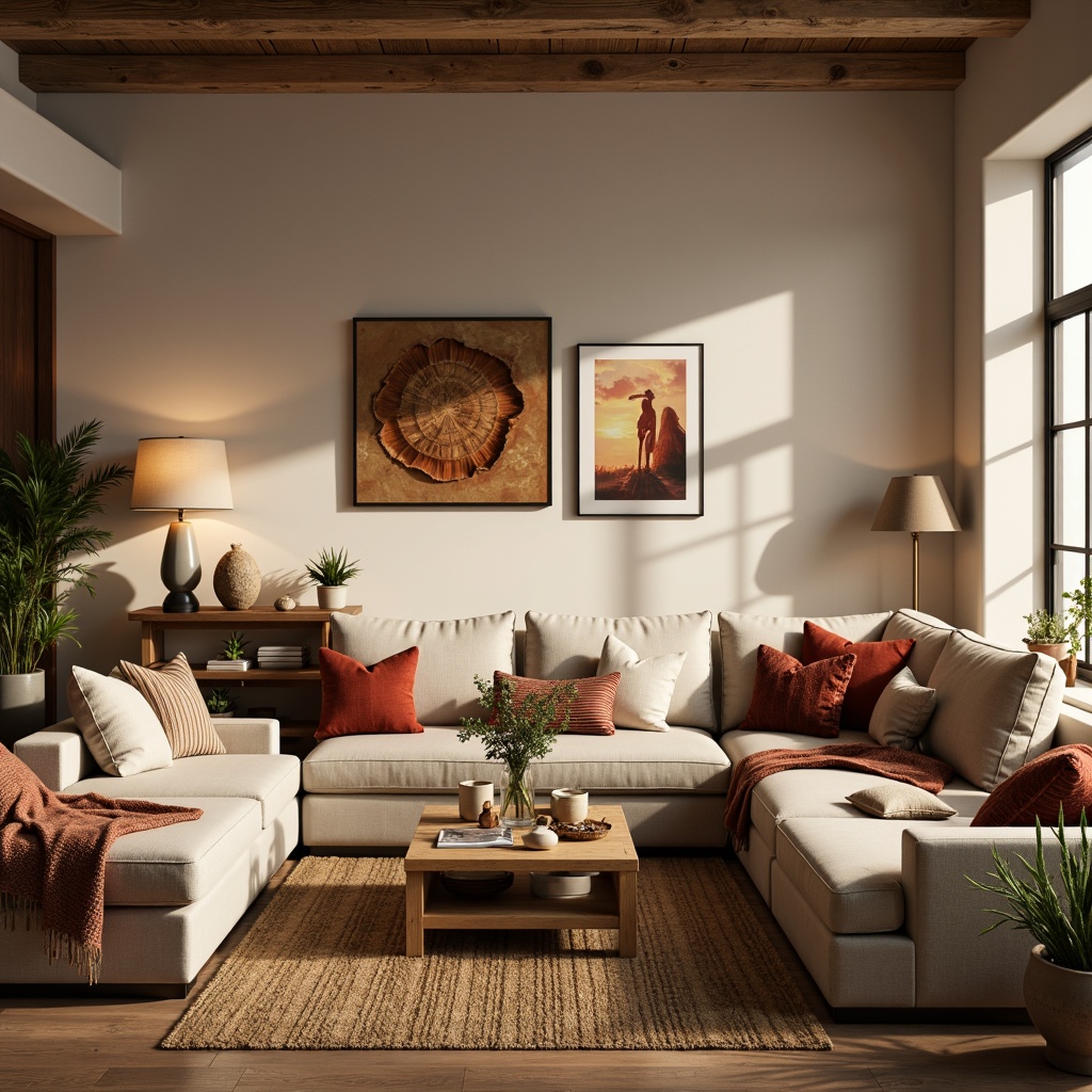 Prompt: Cozy living room, plush throw blankets, soft velvet pillows, warm beige walls, comfortable sectional sofas, natural wood coffee tables, woven jute rugs, earthy tone ceramics, ambient floor lamps, warm white lighting, 1/2 composition, shallow depth of field, realistic textures, rustic wooden accents, nature-inspired patterns, vibrant colorful throws.