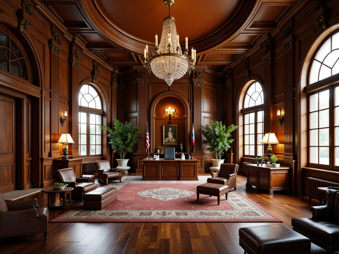 Prompt: Luxurious office interior, rich wood tones, ornate carvings, plush furnishings, executive desks, leather armchairs, wooden floorboards, crystal chandeliers, stately columns, arched windows, sophisticated color palette, warm ambient lighting, soft focus, shallow depth of field, 1/2 composition, elegant textures, subtle reflections.