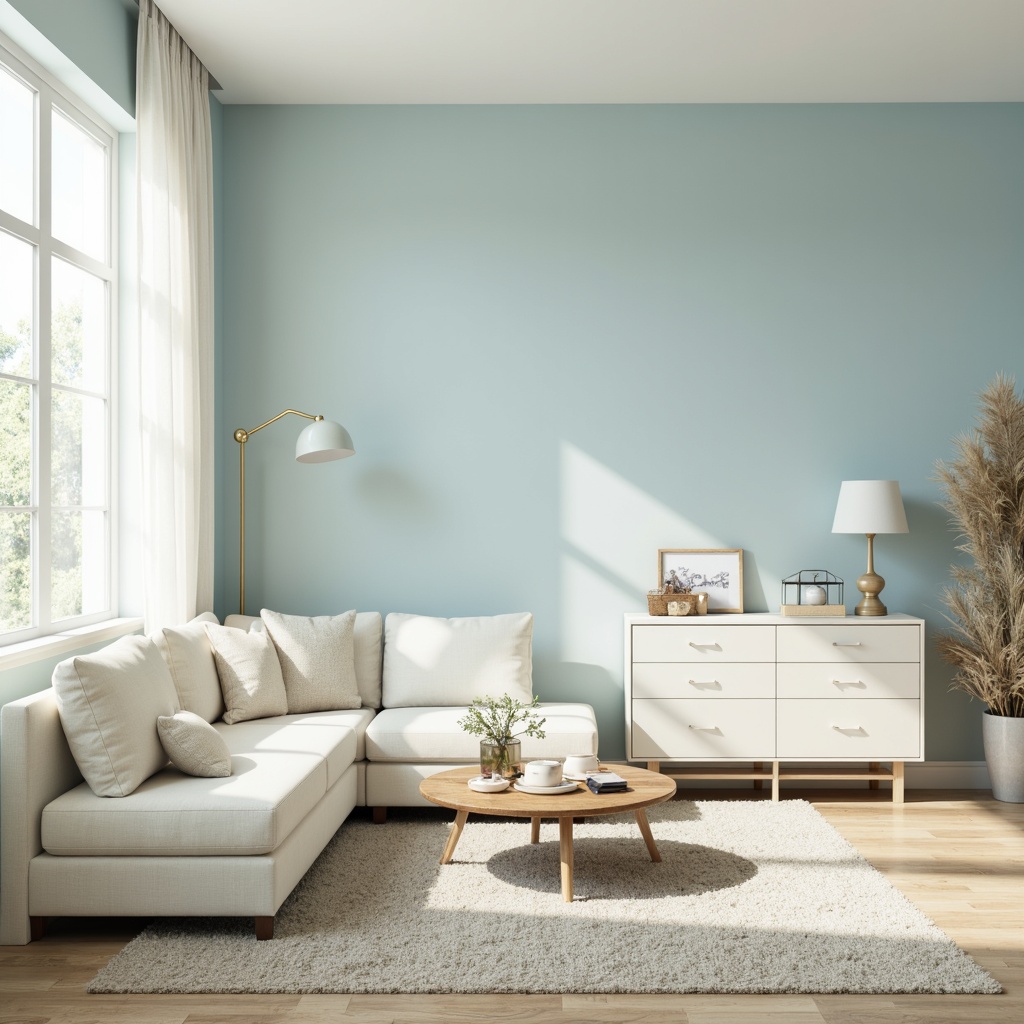 Prompt: Soft baby blue walls, creamy white furniture, gentle pastel accents, subtle wood grain textures, natural light pouring in, sheer curtains, minimalist decor, calming atmosphere, serene ambiance, warm beige tones, vintage decorative items, distressed finishes, shallow depth of field, 1/1 composition, realistic renderings, ambient occlusion.