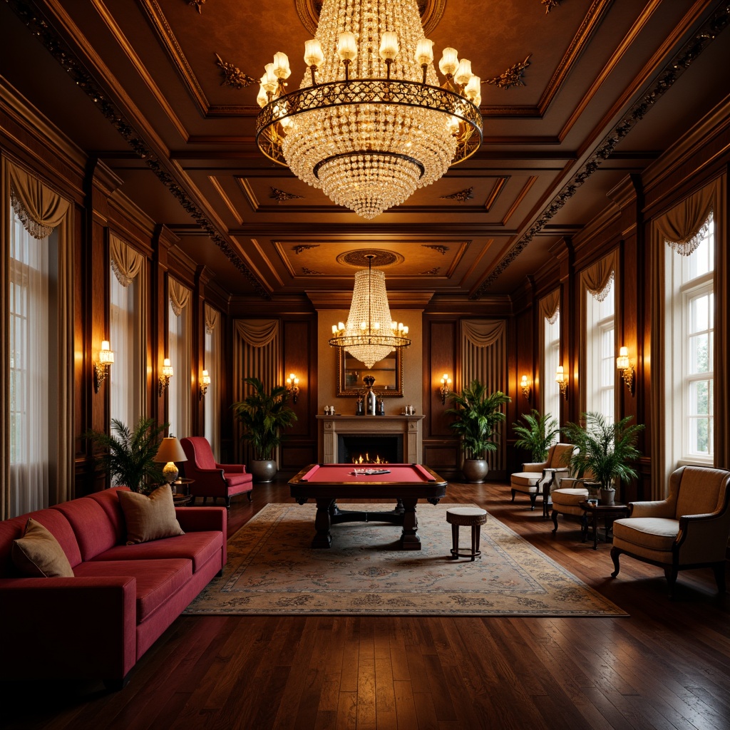 Prompt: Elegant game room, ornate chandeliers, crystal sconces, warm golden lighting, rich wood paneling, intricate moldings, high ceilings, grandiose furniture, luxurious fabrics, subtle texture details, ambient softbox lighting, 1/1 composition, shallow depth of field, warm color palette, realistic reflections, atmospheric fog effects.