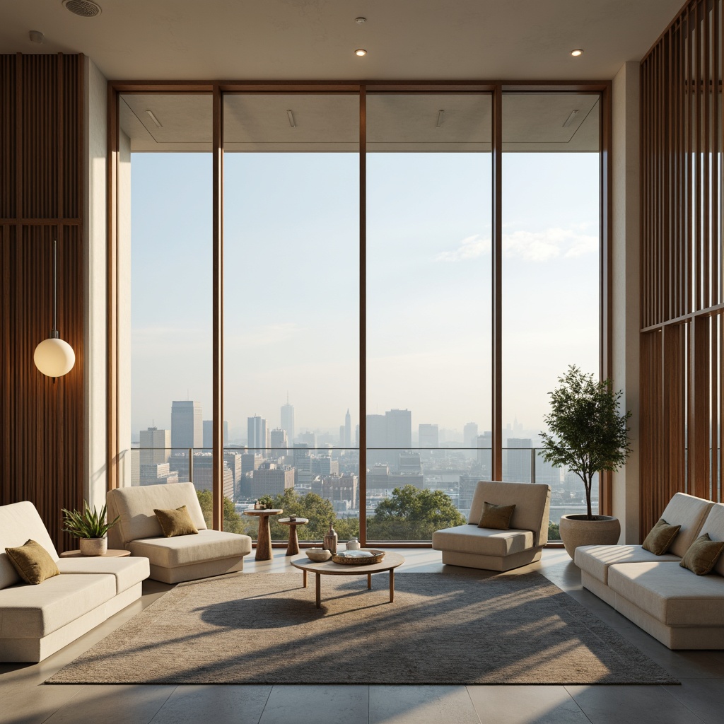 Prompt: Luxurious penthouse, modern minimalist decor, neutral beige walls, rich wood accents, velvety soft furnishings, calming blue undertones, creamy whites, warm golden lighting, sleek metal fixtures, floor-to-ceiling windows, breathtaking city views, soft misty mornings, panoramic vistas, atmospheric perspective, 1/2 composition, realistic reflections, ambient occlusion.