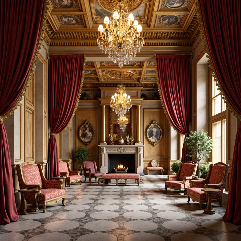 Prompt: Luxurious velvet drapes, ornate gold leaf patterns, intricate marble floors, grand crystal chandeliers, opulent furnishings, richly carved wooden paneling, lavish fresco ceilings, majestic columns, curved staircases, delicate lace trimmings, vibrant silk upholstery, antique furniture pieces, imposing stone fireplaces, dramatic archways, warm golden lighting, 1/1 composition, shallow depth of field, highly detailed textures.