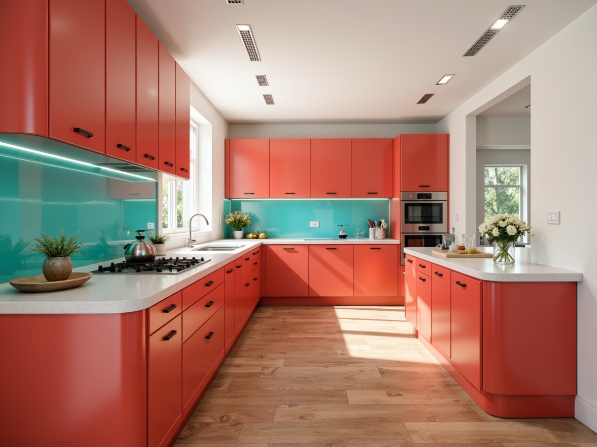 Prompt: Vibrant coral-hued kitchens, bold Bauhaus-inspired cabinetry, sleek metal hardware, matte white countertops, warm wooden flooring, rich turquoise accents, sunny yellow highlights, crisp white walls, modern minimalist layout, ample natural light, shallow depth of field, 1/1 composition, realistic textures, ambient occlusion.Please let me know if this meets your requirements!