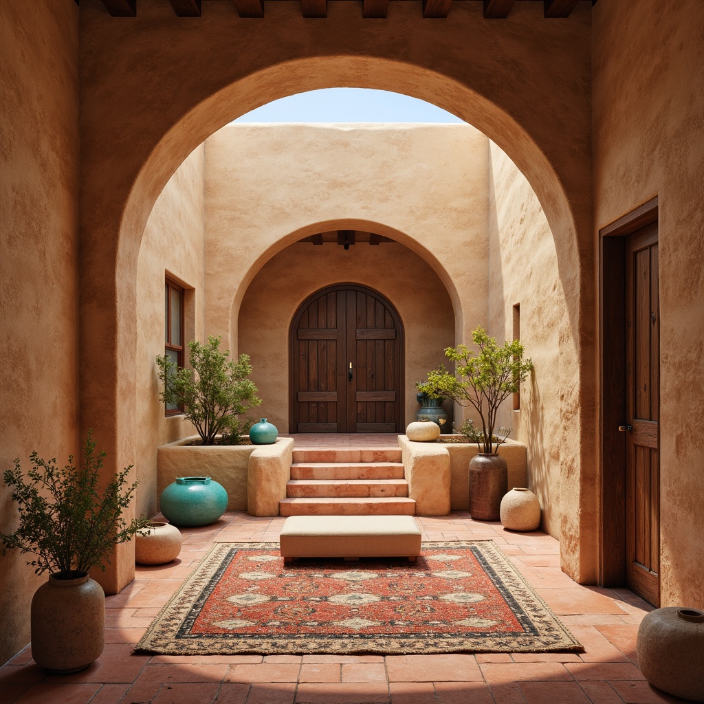 Prompt: Earthy tone amphitheater, southwestern inspired interior, warm beige walls, rustic wooden accents, vibrant turquoise decorative elements, earthy red terra cotta flooring, natural stone features, woven textiles, geometric patterned rugs, adobe-style architecture, soft warm lighting, shallow depth of field, 1/1 composition, realistic textures, ambient occlusion.