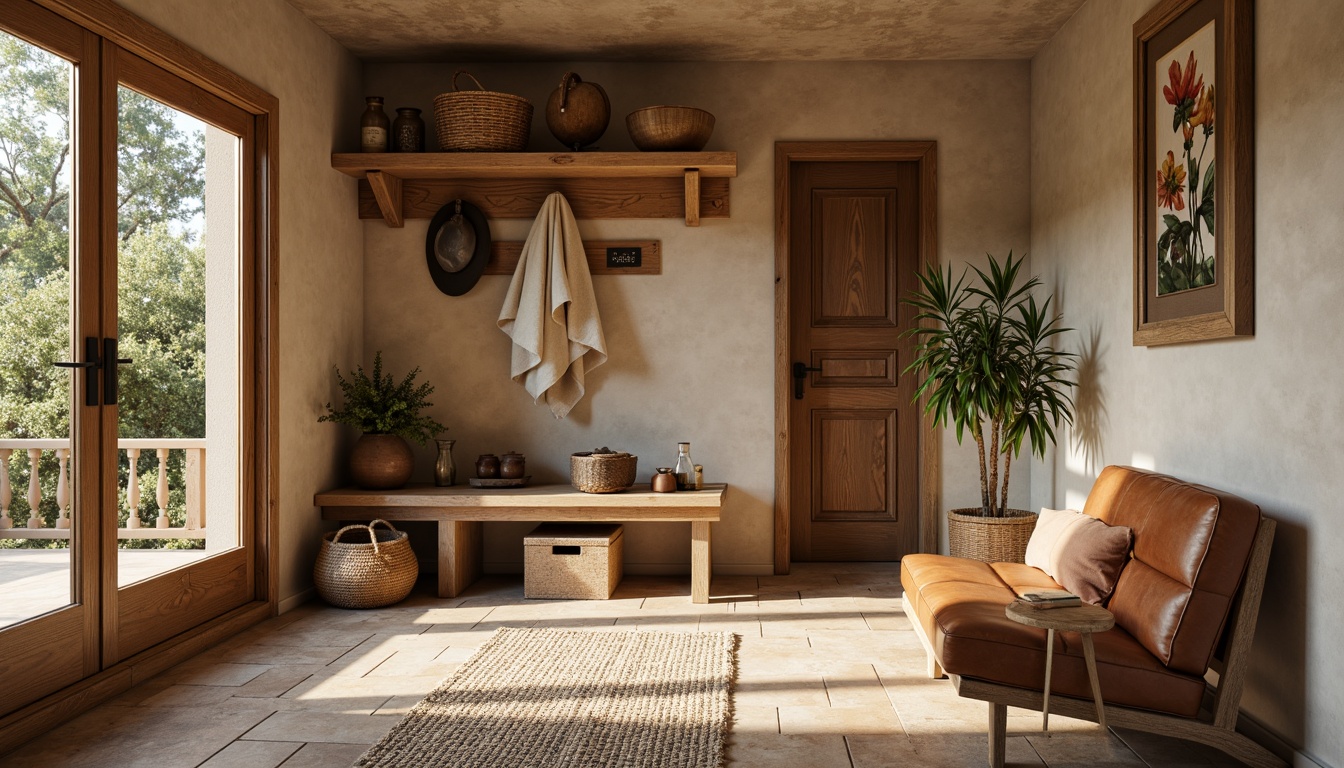 Prompt: Earth-toned mudroom, rustic wooden accents, natural stone flooring, woven baskets, vintage outdoor gear, warm beige walls, distressed leather furniture, rich brown trim, soft cream lighting, cozy textured rugs, organic shapes, nature-inspired patterns, earthy scents, soft focus, 1/2 composition, realistic textures, atmospheric perspective.