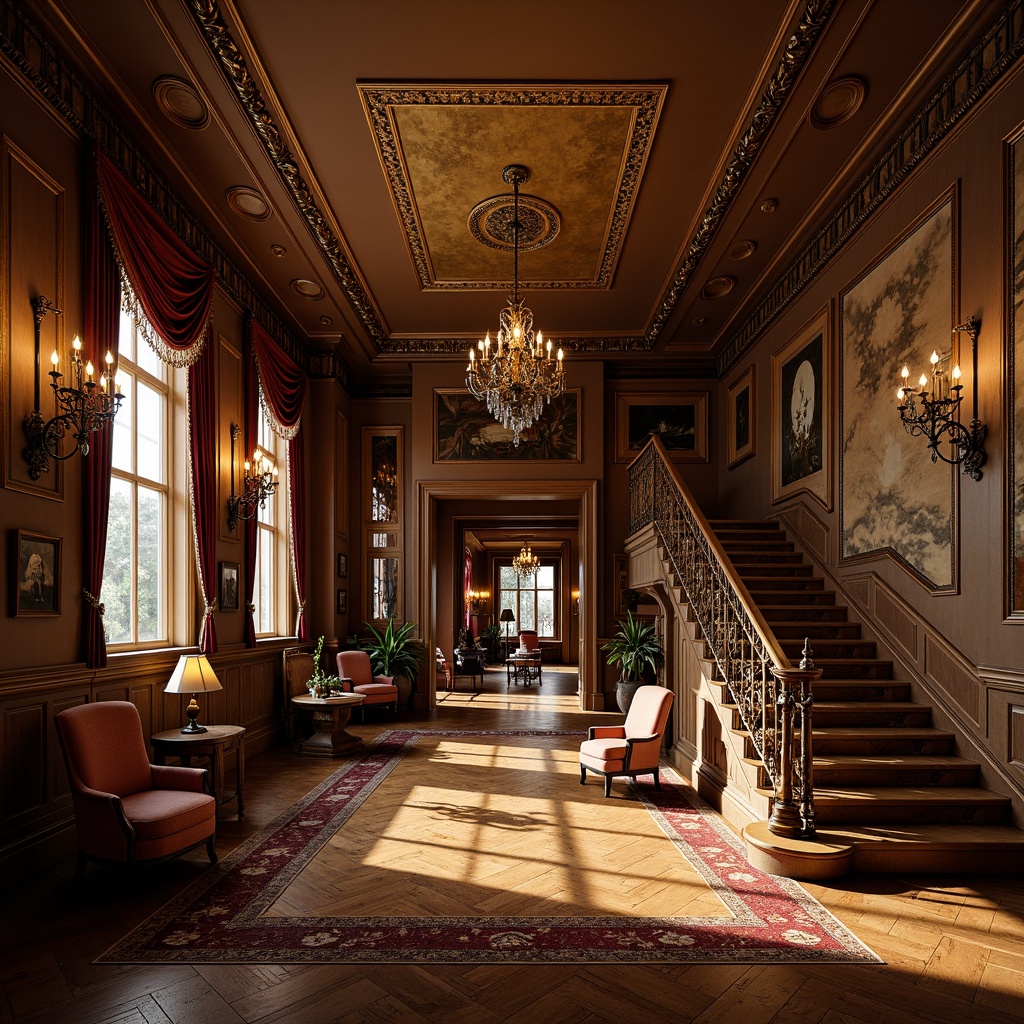 Prompt: Elegant Victorian-era inspired interior, rich hardwood flooring, dark-stained wooden planks, ornate patterns, inlaid borders, grand staircases, intricate moldings, opulent chandeliers, luxurious fabrics, velvet drapes, antique furnishings, warm golden lighting, soft focus photography, 1/2 composition, dramatic shadows, realistic textures, ambient occlusion.