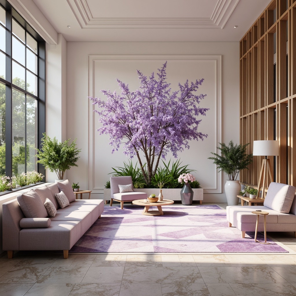 Prompt: Soft purple hues, delicate wisteria flowers, elegant office spaces, modern minimalist interiors, creamy white walls, rich wood accents, polished chrome fixtures, comfortable couches, geometric patterned rugs, natural stone flooring, abundant greenery, warm task lighting, subtle lavender undertones, 1/1 composition, shallow depth of field, realistic textures, ambient occlusion.