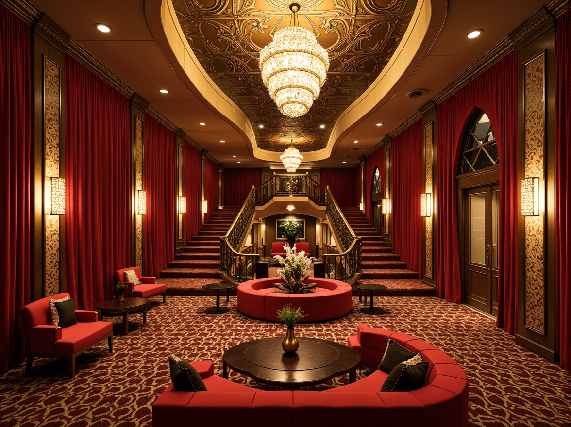 Prompt: Luxurious cinema, art deco interior, ornate golden details, velvety red curtains, lavish chandeliers, geometric patterned carpets, curved lines, metallic accents, rich wood tones, opulent fabrics, plush armchairs, sleek coffee tables, decorative mirrors, intricate moldings, bold color schemes, dramatic lighting, cinematic ambiance, 1920s glamour, ornamental vases, beaded fringe, soft box seating, grand staircase, sweeping archways, majestic scale, symmetrical composition, warm golden lighting, high contrast ratio.