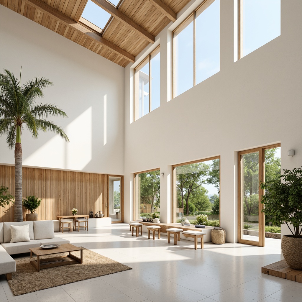 Prompt: Spacious interior, high ceilings, large windows, glass doors, clerestory windows, skylights, minimal obstructions, reflective surfaces, polished floors, light-colored walls, airy atmosphere, bright and cheerful ambiance, natural textiles, woven fibers, organic patterns, warm wood accents, subtle color palette, soft diffused lighting, 1/1 composition, shallow depth of field, panoramic view.