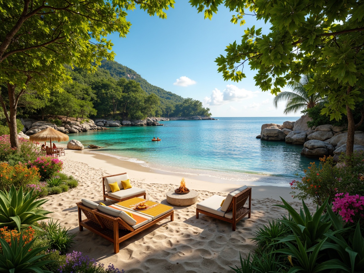 Prompt: Vibrant tropical landscape, lush green foliage, exotic flowers, warm sandy beach, crystal-clear turquoise water, rustic wooden accents, natural textiles, woven rattan furniture, colorful tiki torches, vibrant coral reefs, sunny day, soft warm lighting, shallow depth of field, 1/2 composition, realistic textures, ambient occlusion.