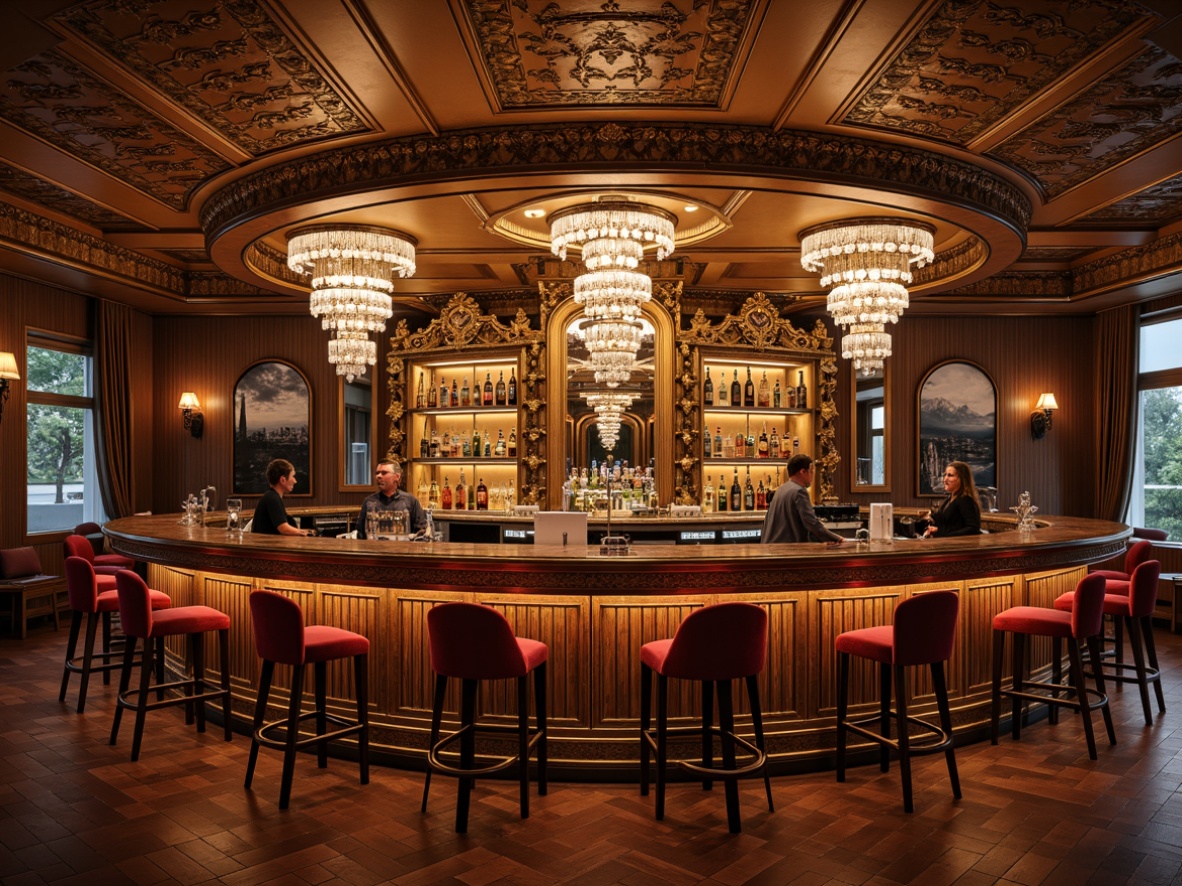 Prompt: Ornate bar counter, golden accents, intricate carvings, curved lines, luxurious velvet upholstery, rich wood tones, crystal chandeliers, ornamental mirrors, lavish furnishings, opulent decorations, grandiose scale, warm candlelight, soft focus, 1/1 composition, dramatic lighting, realistic reflections, ambient occlusion.