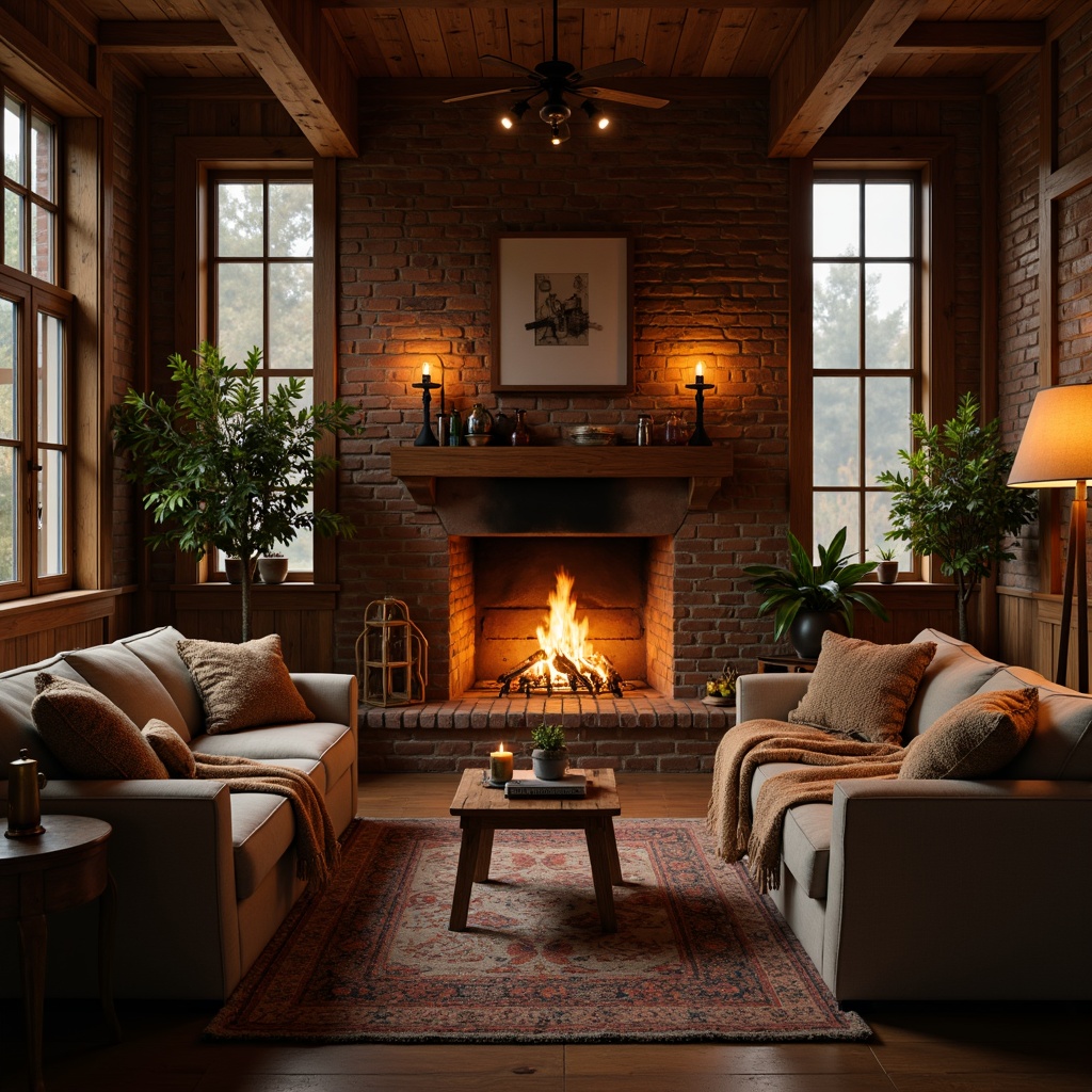 Prompt: Cozy living room, crackling fireplace, warm flames, rustic wooden mantel, comfortable sofas, plush throw blankets, soft golden lighting, traditional brick walls, vintage decorative items, natural stone flooring, earthy color palette, autumnal atmosphere, misty morning, shallow depth of field, 1/1 composition, realistic textures, ambient occlusion.