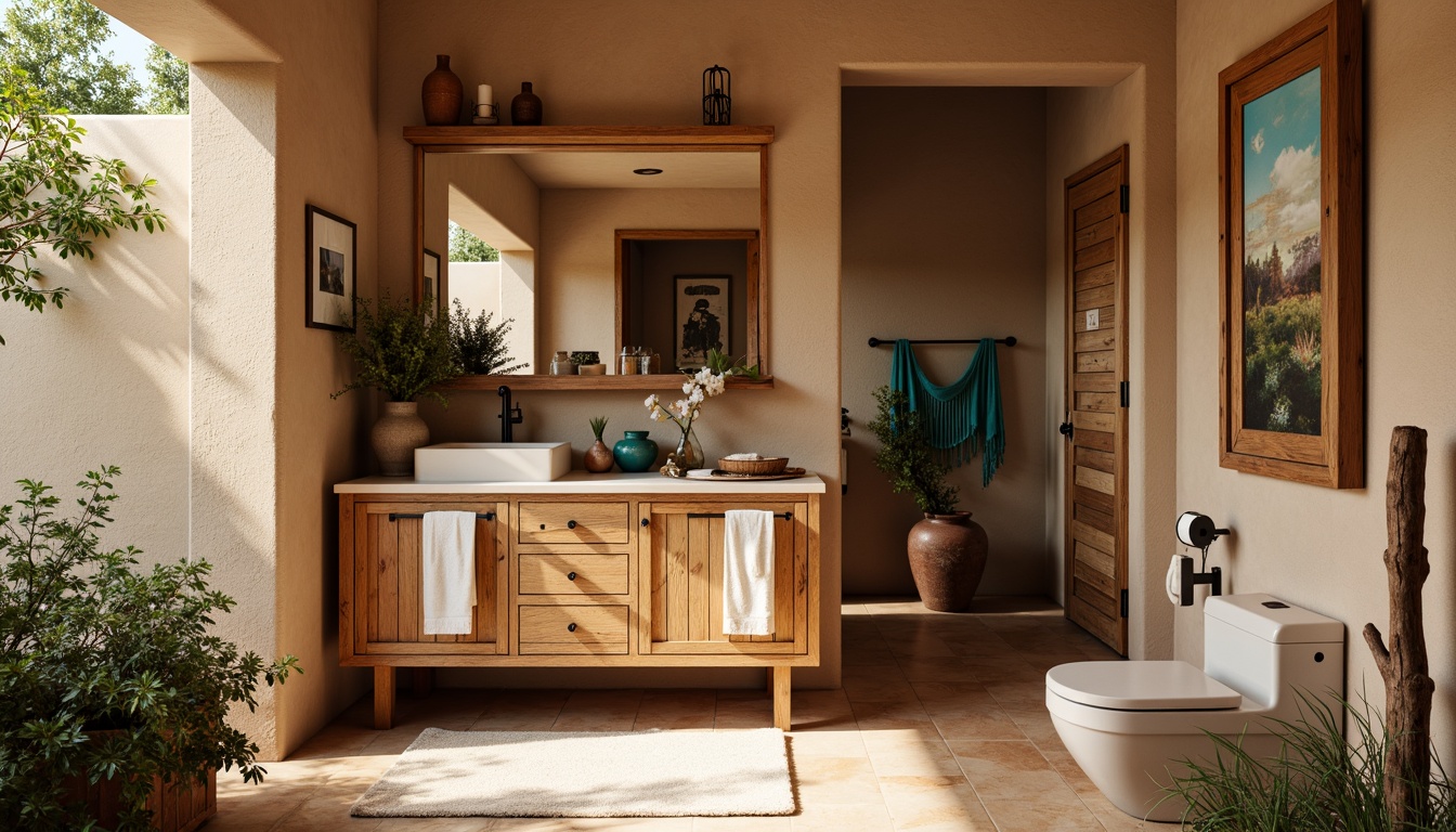 Prompt: \Southwestern bathroom, earthy tones, natural wood cabinetry, rustic distressed finishes, turquoise accents, woven textiles, Native American patterns, clay pottery, stucco walls, desert botanicals, warm beige flooring, ceramic tiles, skylight illumination, soft diffused lighting, 3/4 composition, shallow depth of field, realistic textures.\