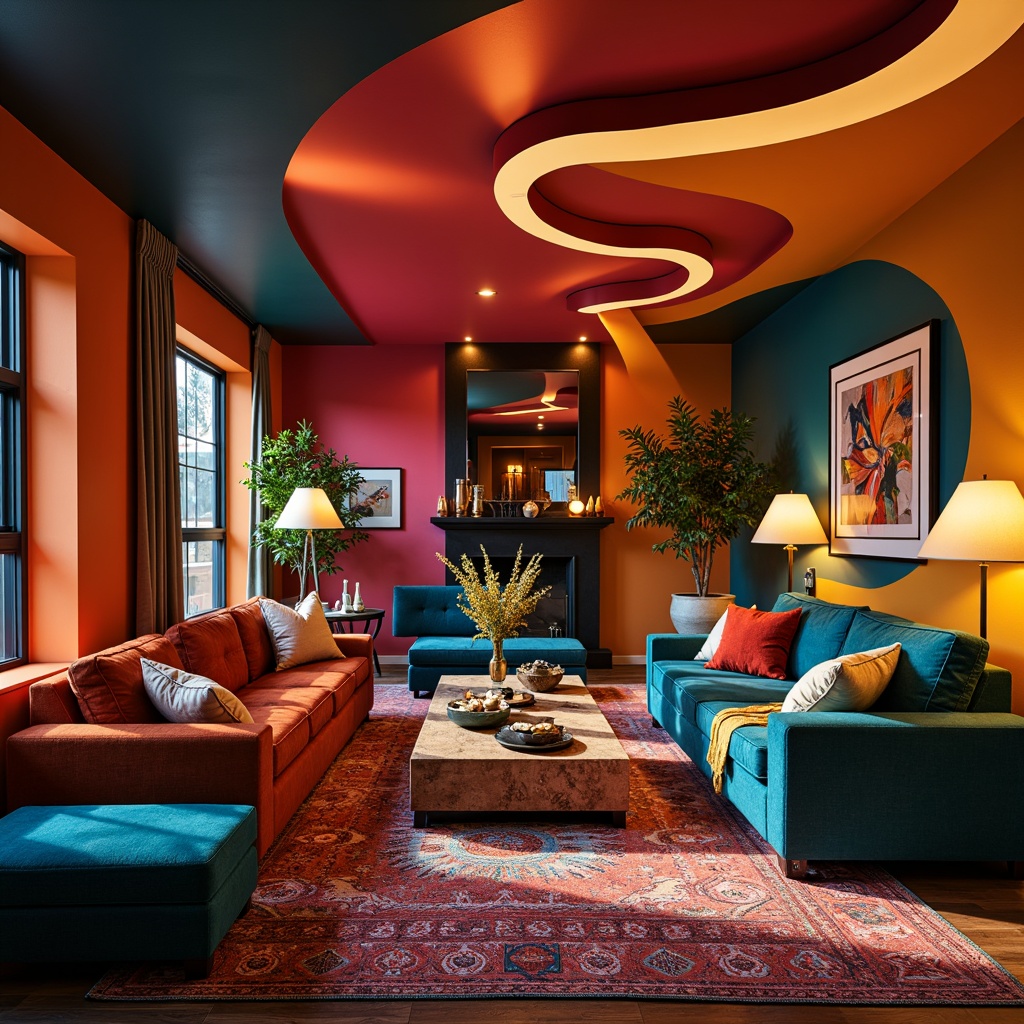 Prompt: Vibrant apartment interior, expressive spatial flow, curved lines, bold color blocking, eclectic furniture arrangement, statement lighting fixtures, plush area rugs, abstract artwork, geometric patterned textiles, ornate decorative accents, luxurious velvet fabrics, atmospheric warm glow, cinematic composition, shallow depth of field, 2/3 aspect ratio, dramatic shadows, moody ambient occlusion.