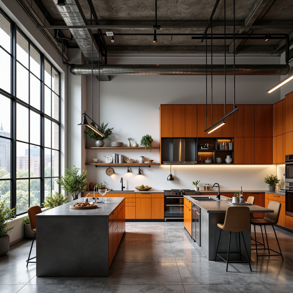 Prompt: Bauhaus-style kitchen, minimalist aesthetic, functional layout, sleek cabinetry, industrial metal accents, bold color blocking, geometric patterns, rectangular shapes, open shelving, stainless steel countertops, modern appliances, pendant lighting, polished concrete floors, urban loft atmosphere, high ceiling, large windows, natural light pouring in, shallow depth of field, 2/3 composition, realistic textures, ambient occlusion.