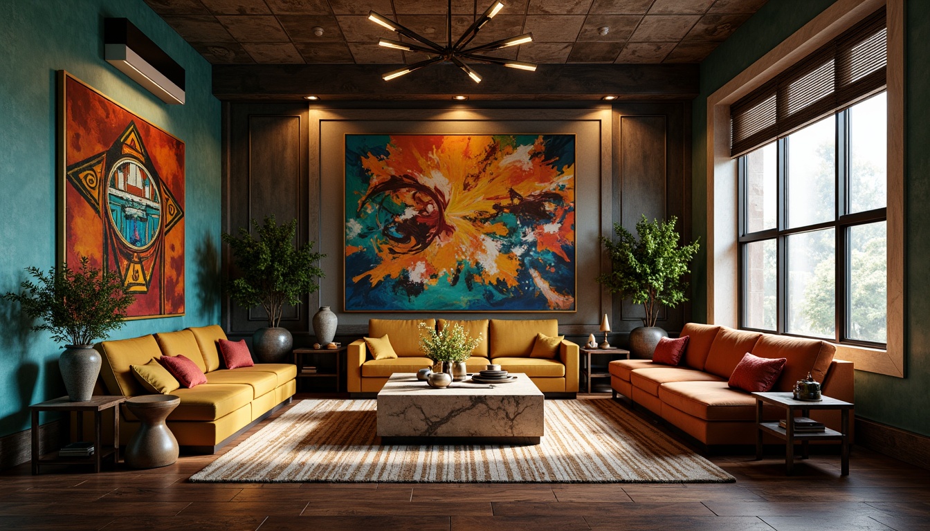 Prompt: Vibrant apartment interior, eclectic expressionist style, bold color palette, rich textures, abstract artwork, geometric patterns, ornate furnishings, luxurious fabrics, metallic accents, moody lighting, warm golden tones, deep blues, emerald greens, burnt oranges, distressed wood floors, industrial chic decor, urban loft atmosphere, dramatic shadows, cinematic composition, atmospheric perspective, intense color contrast.