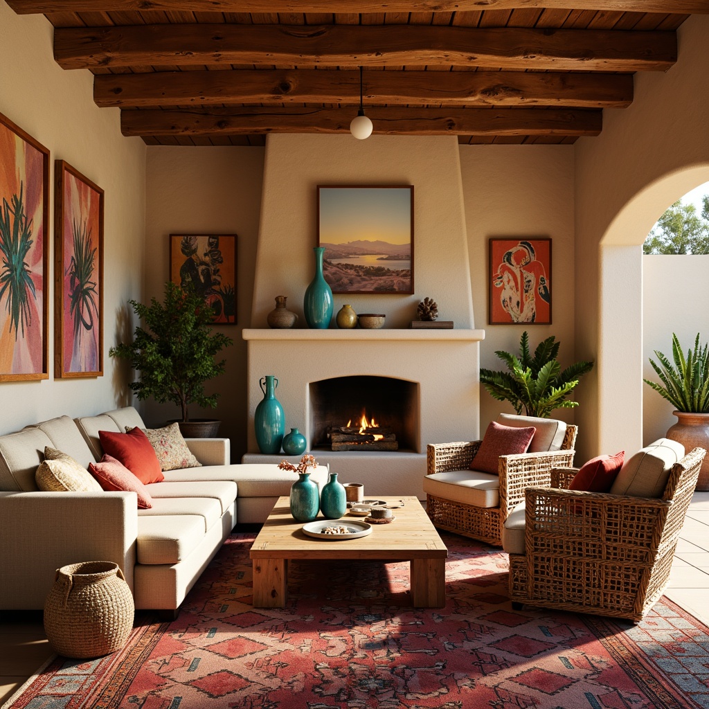 Prompt: Southwestern-style living room, plush sectional sofa, woven wicker armchairs, rustic wooden coffee table, vibrant turquoise vases, colorful Navajo-inspired textiles, geometric patterned rugs, earthy tone walls, natural stone fireplace, potted cacti plants, warm golden lighting, soft focus, shallow depth of field, 1/1 composition, intimate atmosphere.