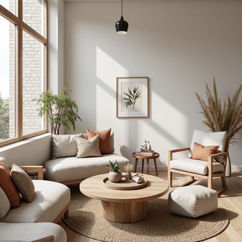 Prompt: Cozy Scandinavian living room, natural wood textures, woven wool fabrics, linen upholstery, minimalist decor, light oak flooring, reclaimed wooden accents, soft pastel colors, creamy whites, warm beige tones, organic shapes, simple lines, rustic metal fixtures, earthy ceramics, botanical prints, nature-inspired patterns, warm ambient lighting, shallow depth of field, 1/2 composition, realistic textures, subtle noise effect.