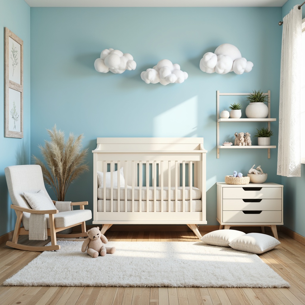 Prompt: Soft baby blue walls, calming atmosphere, serene nursery setting, gentle crib decorations, fluffy white clouds, creamy wooden furniture, delicate lace curtains, pastel-colored toys, subtle texture overlays, warm natural lighting, shallow depth of field, 1/1 composition, cozy intimate space, peaceful ambiance, soft focus effects.