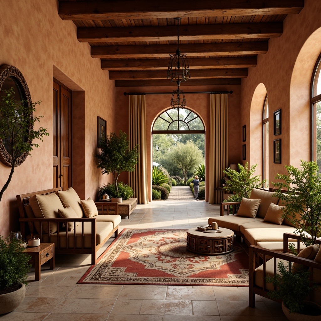 Prompt: Warm Mediterranean villa, rustic textured walls, earthy terracotta tones, soft golden lighting, cozy intimate spaces, ornate wooden furnishings, plush velvet fabrics, distressed wood accents, vintage decorative tiles, lush greenery, potted plants, natural stone floors, arched doorways, grand chandeliers, warm beige curtains, tranquil ambiance, soft focus, 1/1 composition, natural textures, ambient occlusion.