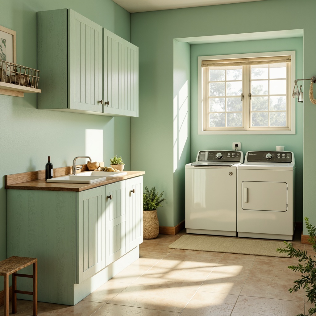 Prompt: Vibrant laundry room, pastel color scheme, soft mint green walls, creamy white cabinets, warm beige floors, rustic wooden accents, modern appliances, sleek metal handles, bright chrome fixtures, natural light pouring in, airy atmosphere, gentle misty ambiance, shallow depth of field, 1/1 composition, realistic textures, ambient occlusion.