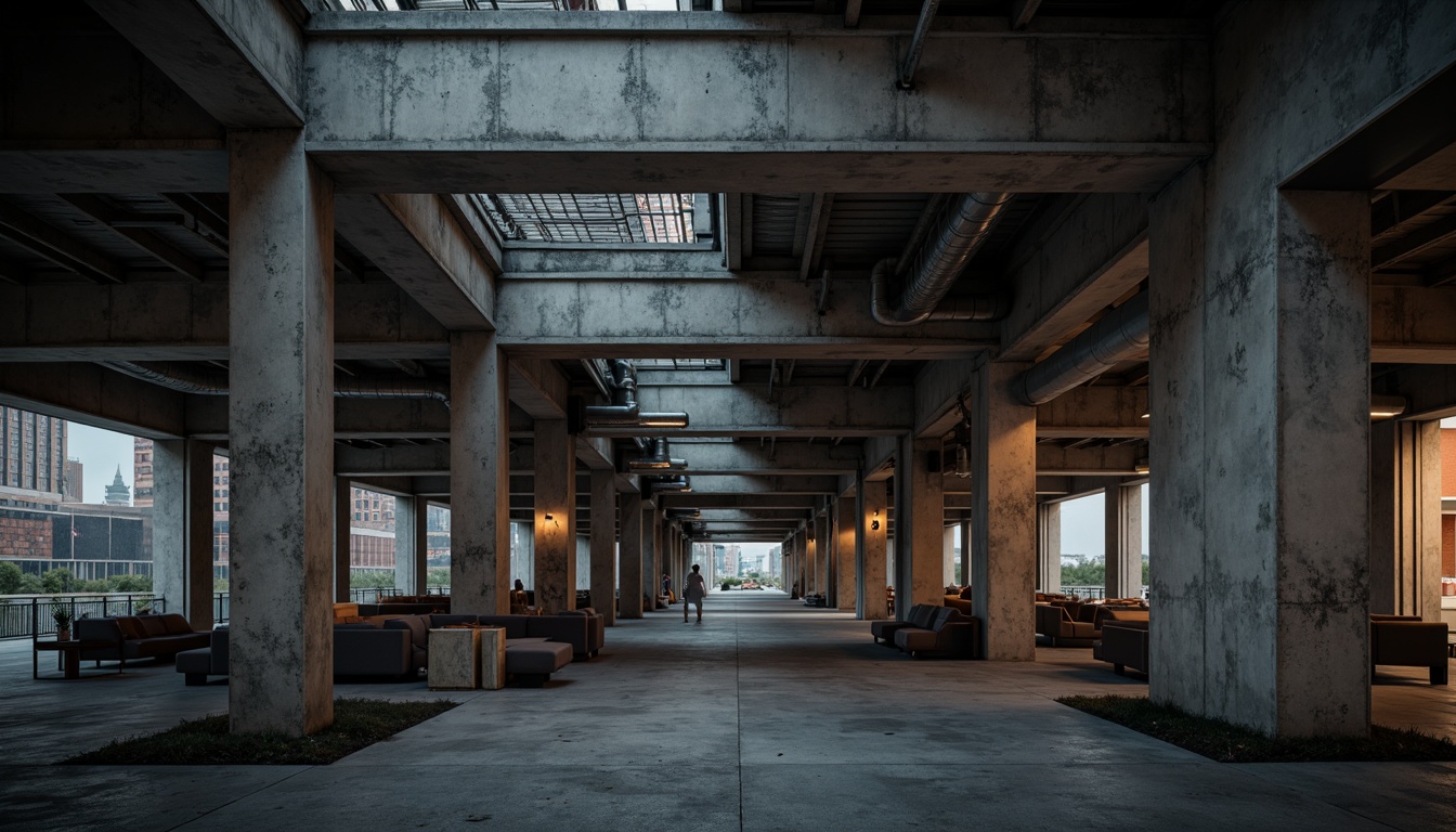 Prompt: Harsh brutalist architecture, rugged concrete textures, industrial metal beams, minimalist aesthetic, dramatic shadows, high-contrast lighting, warm ambient glow, soft indirect illumination, exposed ductwork, functional fixtures, bold color accents, urban cityscape, overcast skies, strong geometric forms, abstract compositions, cinematic atmosphere, low-key photography, 1/2 composition, moody tones.