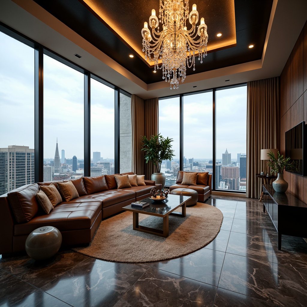 Prompt: Opulent penthouse interior, lavish furnishings, marble flooring, crystal chandeliers, sleek modern architecture, floor-to-ceiling windows, breathtaking city views, plush carpets, rich wood accents, premium leather upholstery, metallic finishes, sophisticated color palette, ambient lighting, 3/4 composition, shallow depth of field, panoramic view, realistic textures, intricate patterns, elegant curves, lavish textiles, refined decorative elements.