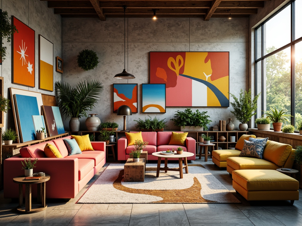 Prompt: Vibrant modern art studio, eclectic furniture arrangement, bold color blocking, contrasting textures, abstract artwork, industrial metal accents, reclaimed wood elements, natural stone flooring, floor-to-ceiling windows, abundant natural light, soft warm glow, 1/1 composition, realistic rendering, ambient occlusion.