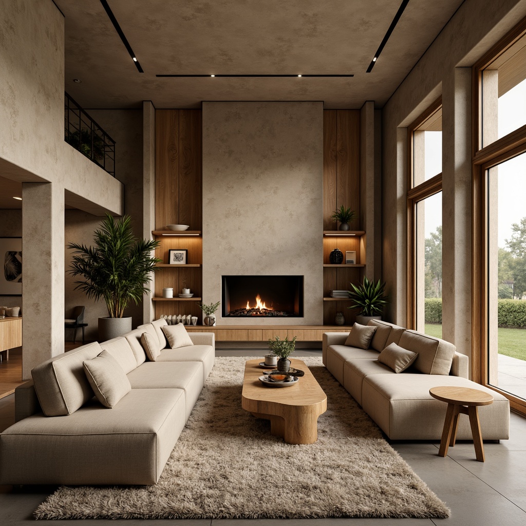 Prompt: Cozy living room, textured walls, earthy tone, natural stone accents, warm beige furniture, plush area rug, floor-to-ceiling windows, soft diffused lighting, 3/4 composition, intimate atmosphere, realistic render, ambient occlusion.