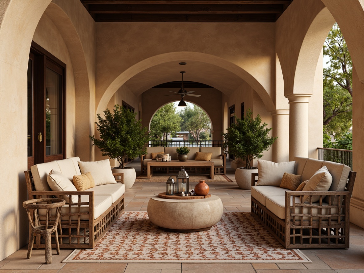 Prompt: Rustic wooden furniture, distressed finishes, woven wicker accents, natural linen upholstery, earthy terracotta pottery, vintage metal lanterns, ornate tile work, curved archways, warm beige stucco walls, lush greenery, potted olive trees, soft golden lighting, ambient shadows, 1/1 composition, realistic textures, Mediterranean-inspired patterns.