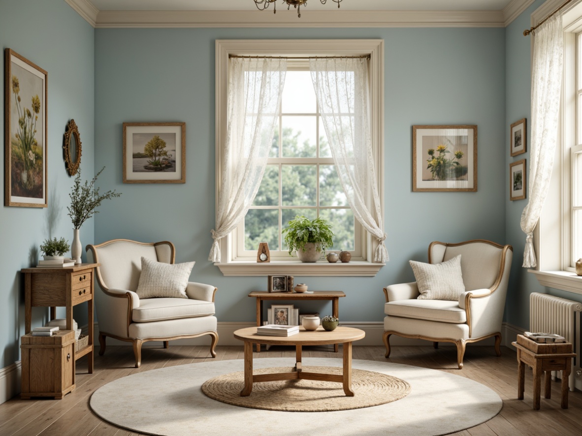 Prompt: Soft baby blue walls, creamy white trim, gentle beige flooring, delicate lace curtains, vintage wooden furniture, distressed finishes, cozy reading nooks, plush area rugs, calming atmosphere, warm natural light, shallow depth of field, 1/1 composition, intimate mood, realistic textures, ambient occlusion.