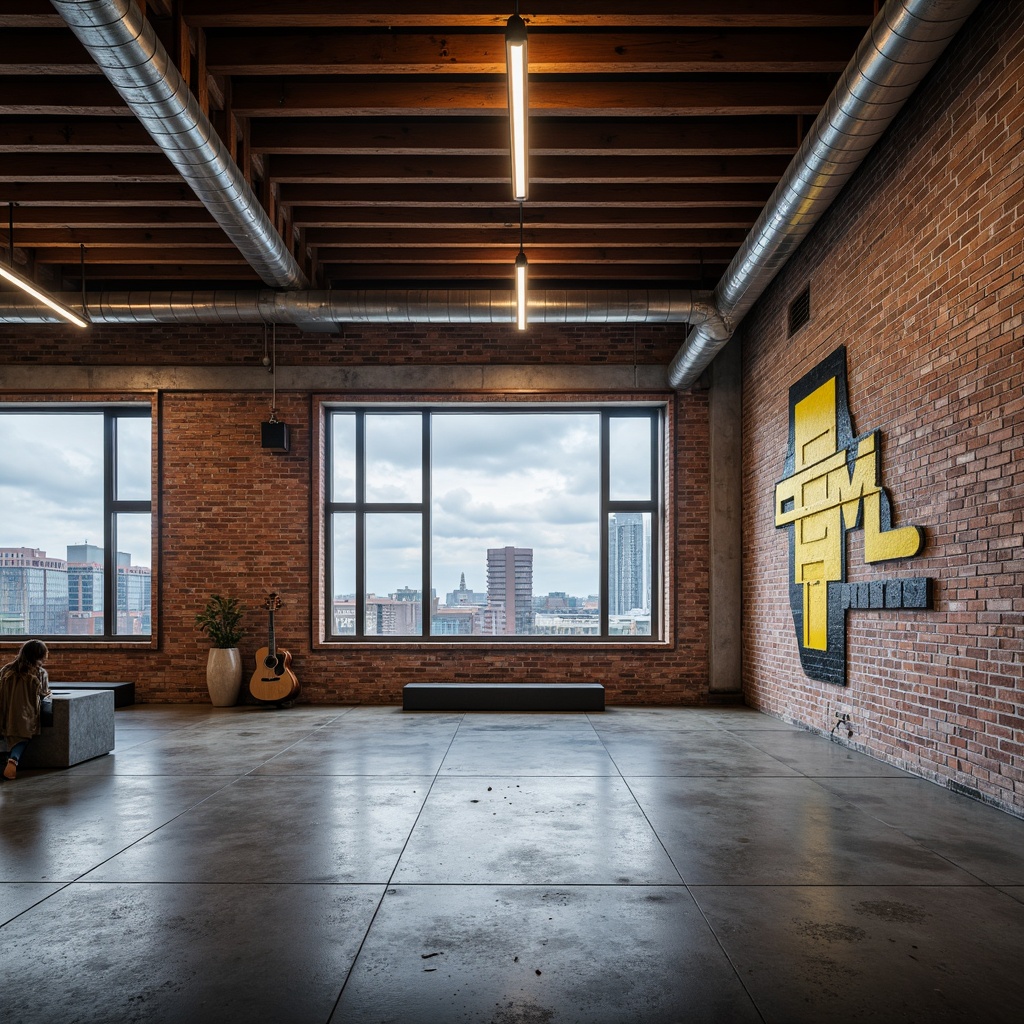 Prompt: Exposed brick walls, metal beams, industrial lighting fixtures, concrete floors, functional pipes, minimalist decor, bold typography, primary color accents, geometric shapes, clean lines, urban cityscape, cloudy day, dramatic shadows, high contrast, 1/1 composition, symmetrical framing, gritty textures, ambient occlusion.