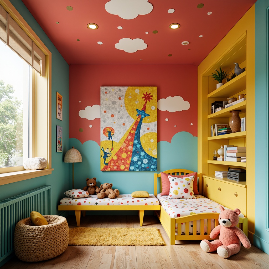 Prompt: Vibrant kids' room, whimsical expressionist artwork, bold color blocking, bright coral walls, turquoise accents, sunny yellow furniture, creamy white trim, playful polka dot patterns, fantastical creatures, dreamy cloud shapes, textured canvas, impasto paint strokes, chunky wooden floors, cozy reading nooks, oversized stuffed animals, fairy tale-inspired decor, warm golden lighting, soft focus, 1/2 composition, shallow depth of field.