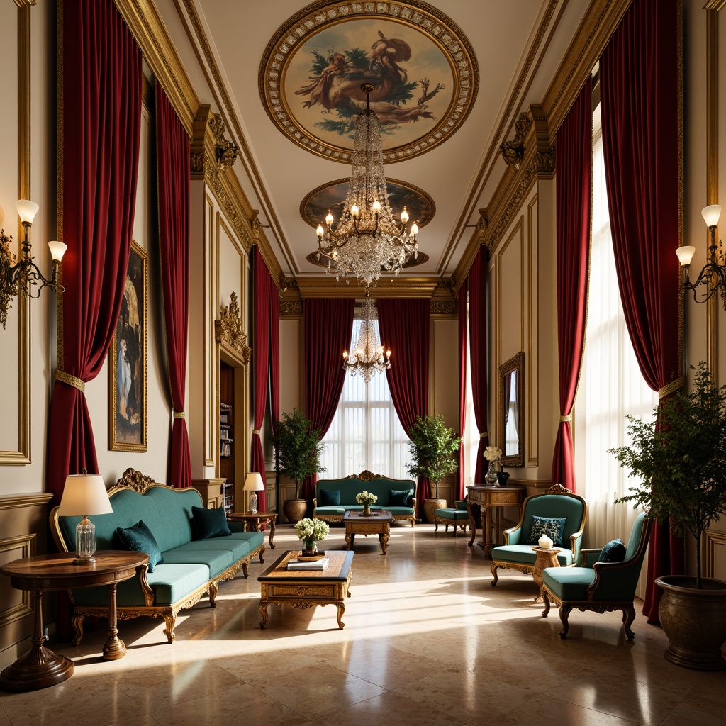 Prompt: Luxurious Baroque interior, rich velvet drapes, ornate gold accents, intricately carved wooden furniture, majestic crystal chandeliers, warm beige marble floors, soft cream walls, lavish turquoise upholstery, regal crimson curtains, opulent bronze hardware, intricate fresco ceilings, dramatic lighting, deep shadows, warm golden glow, high contrast ratio, 1/2 composition, atmospheric perspective.