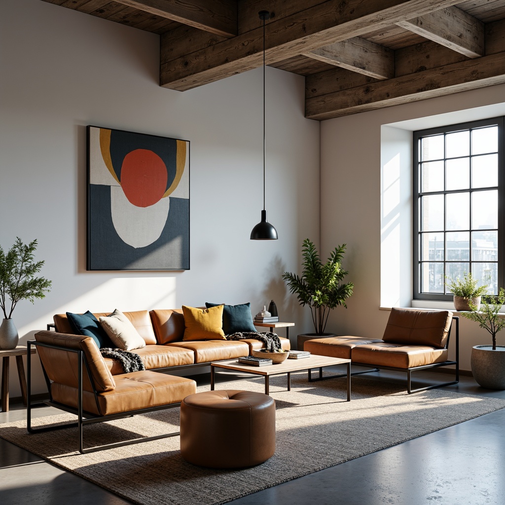 Prompt: Minimalist living room, geometric shapes, industrial materials, tubular steel frames, leather cushions, wooden accents, functional simplicity, bold color blocking, abstract art pieces, urban loft atmosphere, large windows, natural light, 1/1 composition, high-contrast lighting, sharp shadows, realistic textures, ambient occlusion.