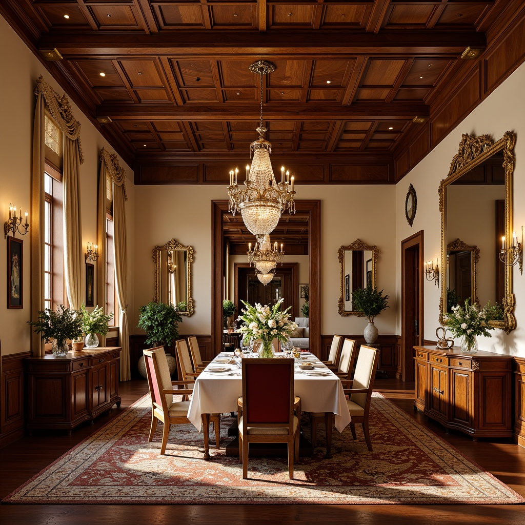 Prompt: Rich wood tones, ornate carvings, luxurious fabrics, stately dining chairs, elegant banquet tables, refined sideboards, decorative mirrors, crystal chandeliers, warm beige walls, plush area rugs, soft golden lighting, classic 3/4 composition, formal symmetrical arrangement, realistic textures, ambient occlusion.