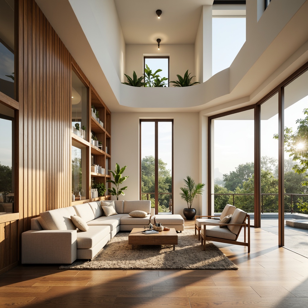 Prompt: Spacious living room, floor-to-ceiling windows, minimal window frames, clerestory windows, skylights, bright white walls, polished wooden floors, reflective surfaces, mirrored ceilings, open plan layout, curved lines, modern minimalist furniture, natural textiles, earthy color palette, soft diffused lighting, indirect illumination, warm beige tones, cozy reading nook, plush area rugs, greenery, potted plants, botanical patterns, 1/2 composition, shallow depth of field, warm golden hour lighting.