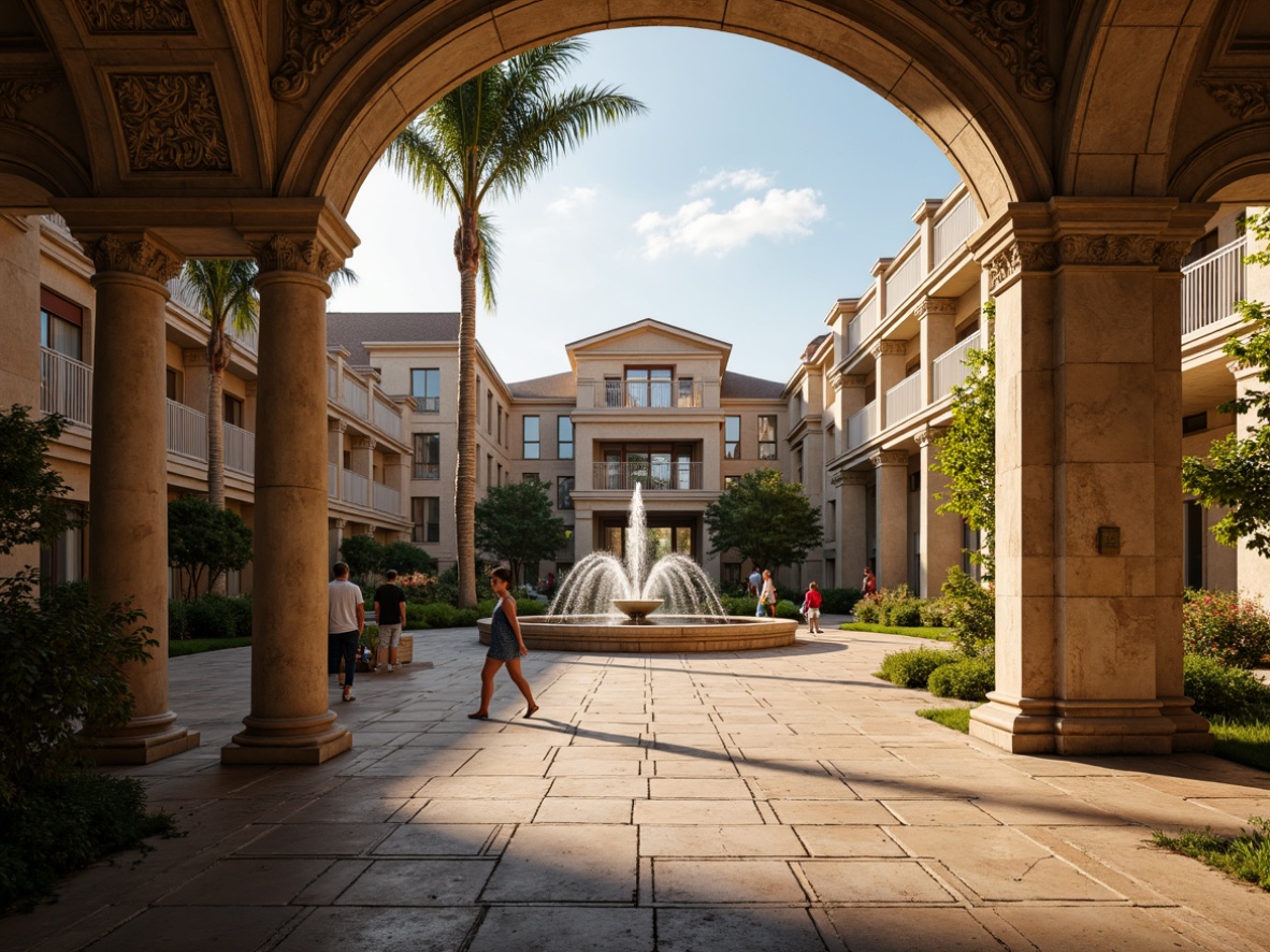 Prompt: Grand campus quadrangle, historic renaissance architecture, warm golden lighting, ornate stone columns, intricate carvings, soft warm glow, lantern-style streetlights, pedestrian walkways, lush greenery, blooming flowers, majestic fountain, sunny afternoon, high-contrast lighting, dramatic shadows, 1/2 composition, symmetrical framing, rich textures, subtle ambient occlusion.