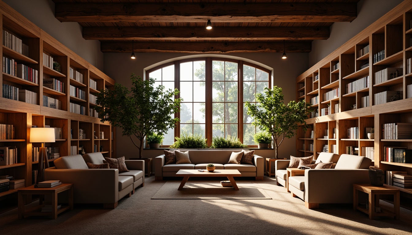 Prompt: Cozy library atmosphere, warm wooden shelves, comfortable reading nooks, soft warm lighting, floor lamps, table lamps, pendant lights, natural daylight, large windows, minimal decor, calm color scheme, textured carpet, plush armchairs, wooden tables, book collections, quiet studying areas, peaceful ambiance, subtle shadows, 1/1 composition, realistic textures, ambient occlusion.