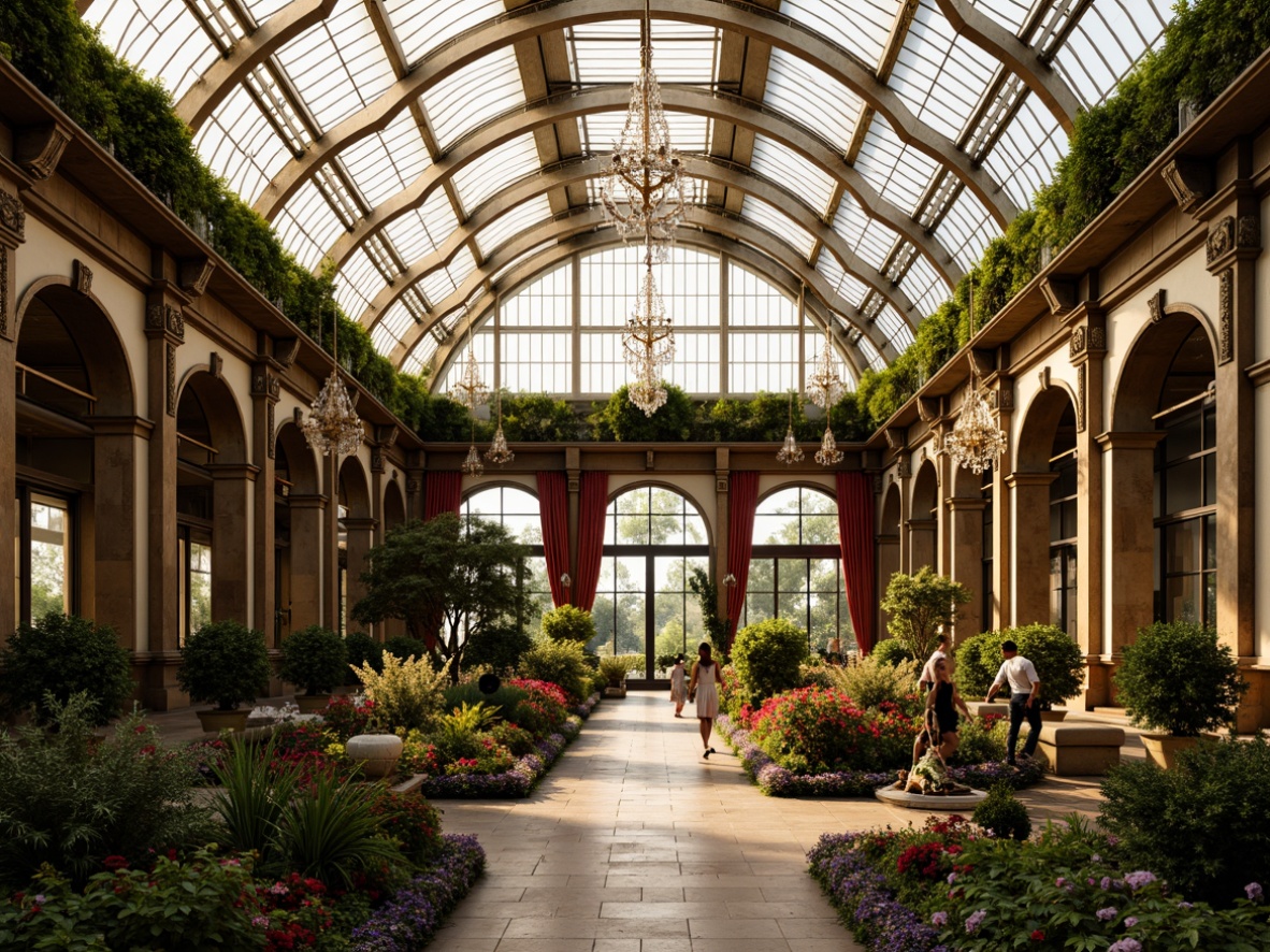 Prompt: Grandiose greenhouse, ornate ironwork, curved glass panels, lush tropical plants, vibrant floral arrangements, intricate stone carvings, gilded decorations, ornamental fountains, majestic pillars, sweeping archways, luxurious velvet drapes, crystal chandeliers, warm golden lighting, soft focus, shallow depth of field, 1/2 composition, romantic atmosphere, realistic textures, ambient occlusion.