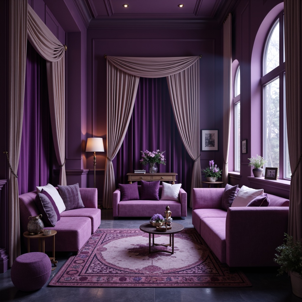 Prompt: Rich amethyst gemstones, luxurious velvet textures, regal purple hues, soft lavender accents, warm beige undertones, creamy whites, subtle silver metallic sheens, ornate golden details, lavish drapery, opulent furnishings, mysterious twilight atmosphere, dramatic spot lighting, 3/4 composition, shallow depth of field, realistic reflections.